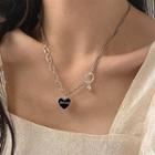 Heart Pendant Alloy Necklace Xl1371 - 1pc - Silver & Black - One Size
