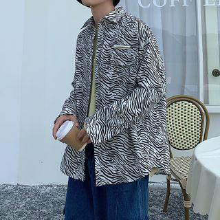 Pocket-front Zebra Print Long-sleeve Oversize Shirt