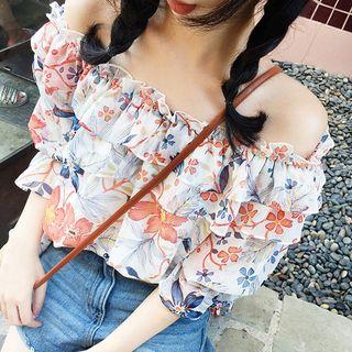 Floral Print Off-shoulder Ruffle-hem Blouse