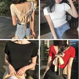 Short-sleeve Ribbon-back Knit Top