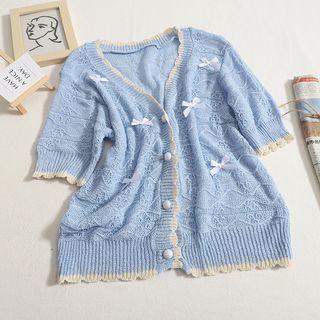 Bow V-neck Crochet Knit Cardigan