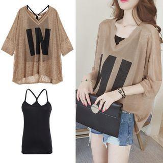 Set: Plain Camisole + Lettering 3/4-sleeve T-shirt