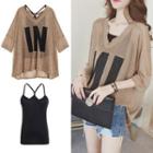 Set: Plain Camisole + Lettering 3/4-sleeve T-shirt