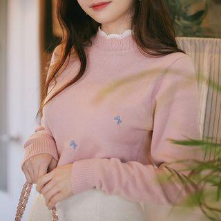 Piped Ribbon-embroidered Knit Top