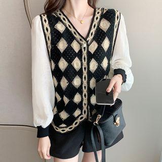 Pattern Button-up Vest Black & Almond - One Size
