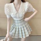 Puff-sleeve Collared Knit Top / Plaid Pleated Mini A-line Skirt