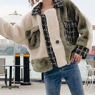 Color Block Tweed Panel Furry Jacket