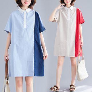 Elbow-sleeve Color Block Mini Polo Dress