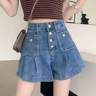 High-waist Button-up Denim A-line Shorts
