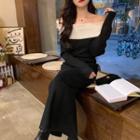 Off-shoulder Two-tone Maxi Sheath Dress Black - One Size