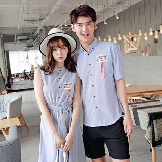 Couple Matching Lettering Applique Pinstriped Short Sleeve Shirt/ Sleeveless Dress