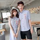 Couple Matching Lettering Applique Pinstriped Short Sleeve Shirt/ Sleeveless Dress
