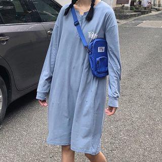 Lettering Long-sleeve Henley T-shirt Dress