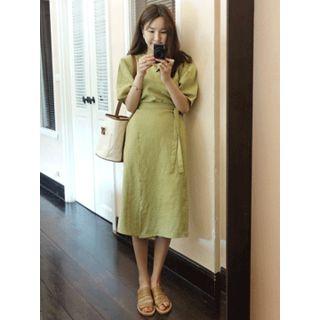 Puff-sleeve Wrap-front Linen Dress