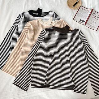 Color-block Striped Off-shoulder Long-sleeve Knit Light Pullover