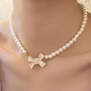 Bow Alloy Faux Pearl Choker Jml5148 - Pearl White - One Size