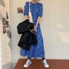 Elbow-sleeve Floral Print Maxi A-line Dress Floral - Blue - One Size