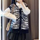 Long-sleeve Plain Tie-neck Blouse / Zebra Printed Knit Vest