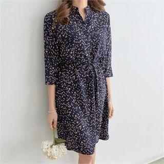 Mandarin-collar Foliage Mini Shirtdress