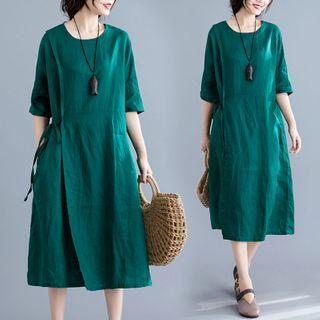 Elbow-sleeve Midi A-line Dress Green - One Size