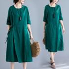 Elbow-sleeve Midi A-line Dress Green - One Size