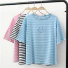 Smiley Face Embroidered Short-sleeve Striped T-shirt