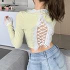 Long-sleeve Lace-up Crop Top As Shown In Figure - One Size