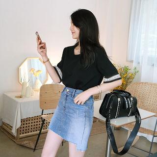 Cutout-hem Washed Denim Miniskirt