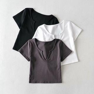 V-neck Plain Short-sleeve Cropped T-shirt