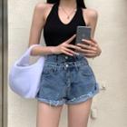 V-neck Halter Top / High-waist Denim Shorts