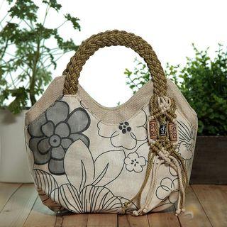 Flower Print Woven Handle Canvas Tote Bag