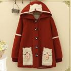 Fleece-lined Cat Embroidered Buttoned Hooded Coat