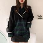 Mock Two-piece Knit Panel Plaid Shirt As Shown In Figure - One Size