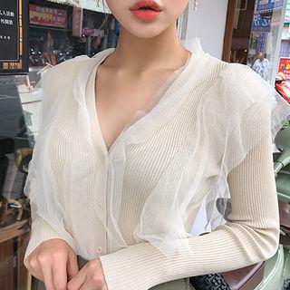 Mesh-trim Buttoned Rib-knit Cardigan