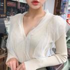Mesh-trim Buttoned Rib-knit Cardigan