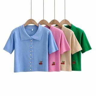 Short-sleeve Collared Cherry Embroidered Knit Top