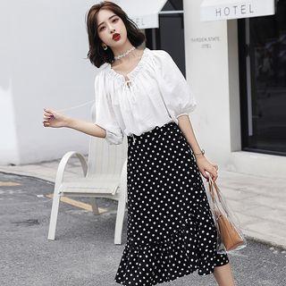 Set: Off-shoulder Ruffled Top + Dotted Skirt