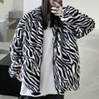 Zebra Print Fluffy Hooded Zip Jacket