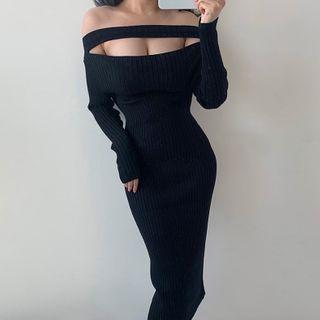 Off-shoulder Cutout Knit Midi Bodycon Dress Black - One Size