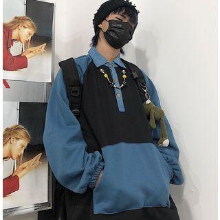 Polo-collar Color-block Sweatshirt
