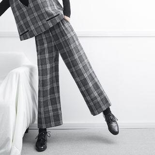 Wide-leg Plaid Wool Pants