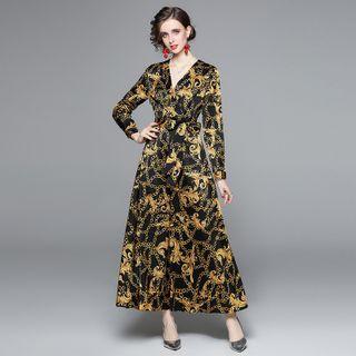 Long-sleeve Tie-waist Print Maxi A-line Dress