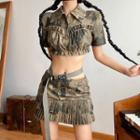 Set: Short-sleeve Frill Trim Crop Shirt + Mini Skirt