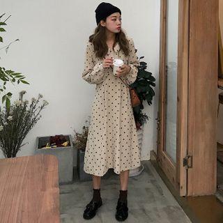 Dotted Long-sleeve Midi A-line Shirt Dress Almond - One Size