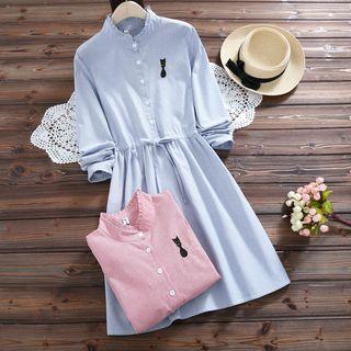 Cat Embroidered Pinstriped Long Sleeve Dress