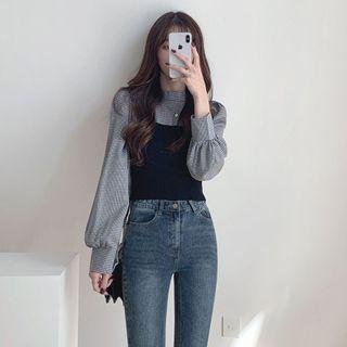 Long-sleeve Plaid Blouse + Plain Camisole