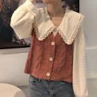 Lace Trim Blouse / Cable-knit Vest