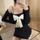 Set: Cardigan + Spaghetti Strap Ribbon Knit Dress