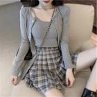 Ribbed Camisole Top / Plaid A-line Skirt / Buttoned Jacket / Set