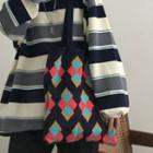 Diamond Pattern Knit Tote Bag Diamond Pattern - Blue & Pink - One Size